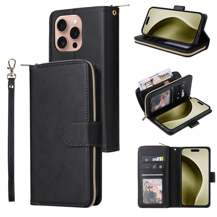 9 Card Slots Zipper Wallet Bag Leather Phone Case, For iPhone 16, For iPhone 15 Pro Max, For iPhone 15 Pro, For iPhone 15 Plus