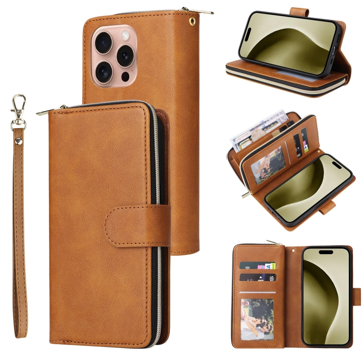 9 Card Slots Zipper Wallet Bag Leather Phone Case, For iPhone 16, For iPhone 15 Pro Max, For iPhone 15 Pro, For iPhone 15 Plus