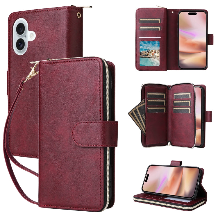 9 Card Slots Zipper Wallet Bag Leather Phone Case, For iPhone 16, For iPhone 15 Pro Max, For iPhone 15 Pro, For iPhone 15 Plus