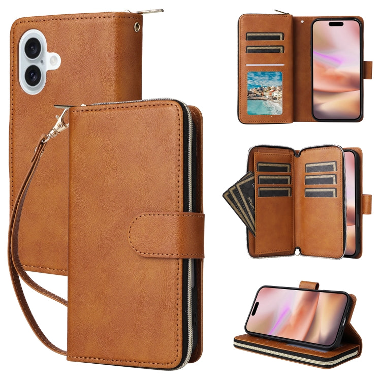 9 Card Slots Zipper Wallet Bag Leather Phone Case, For iPhone 16, For iPhone 15 Pro Max, For iPhone 15 Pro, For iPhone 15 Plus