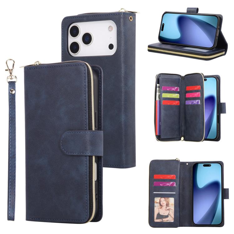 9 Card Slots Zipper Wallet Bag Leather Phone Case, For iPhone 16e, For iPhone 16 Pro Max, For iPhone 16 Pro, For iPhone 16 Plus