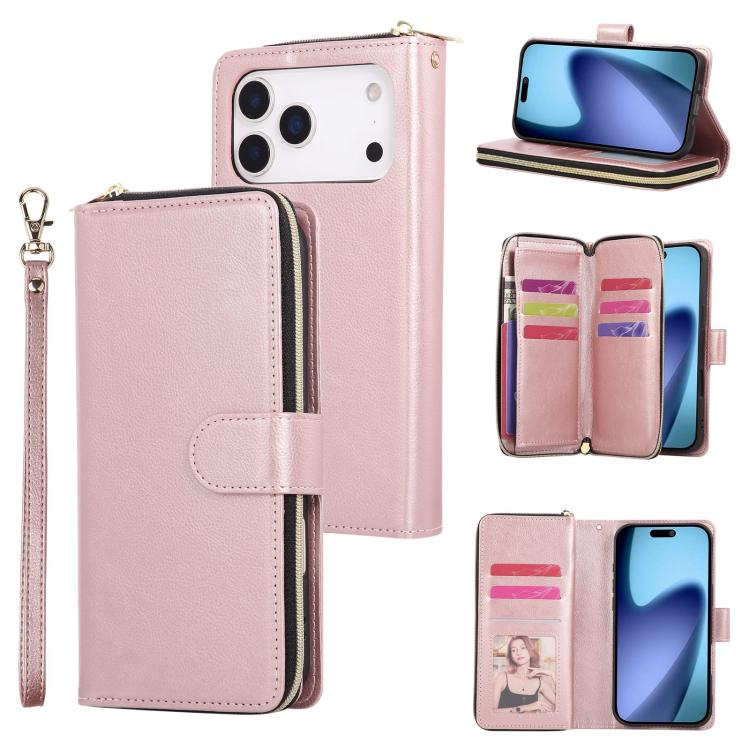 9 Card Slots Zipper Wallet Bag Leather Phone Case, For iPhone 16e, For iPhone 16 Pro Max, For iPhone 16 Pro, For iPhone 16 Plus