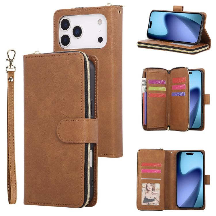 9 Card Slots Zipper Wallet Bag Leather Phone Case, For iPhone 16e, For iPhone 16 Pro Max, For iPhone 16 Pro, For iPhone 16 Plus