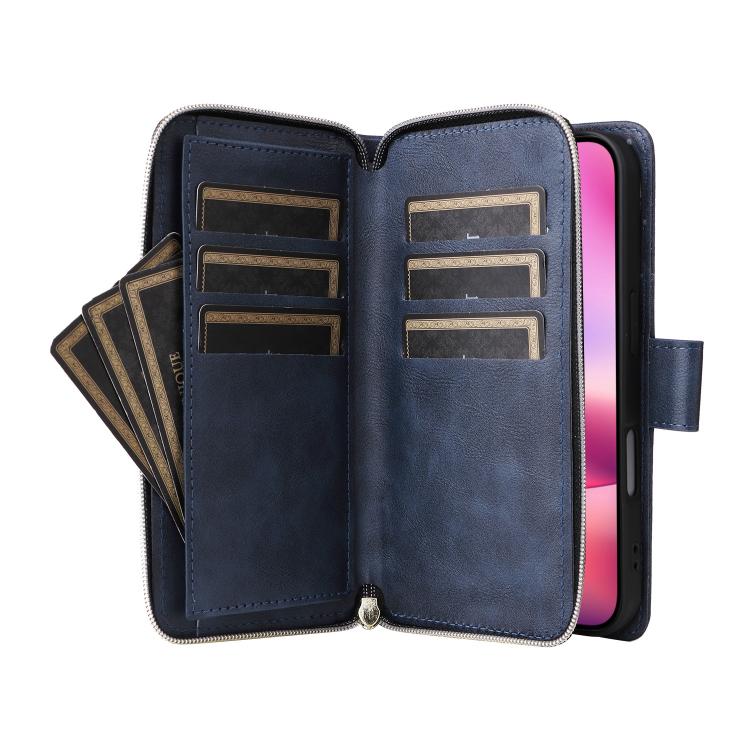 9 Card Slots Zipper Wallet Bag Leather Phone Case, For iPhone 16e, For iPhone 16 Pro Max, For iPhone 16 Pro, For iPhone 16 Plus