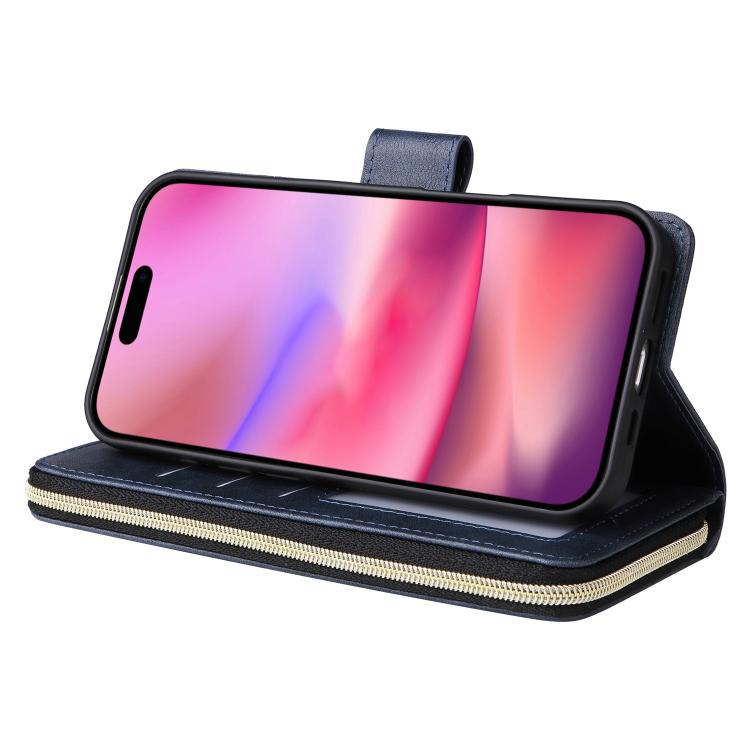 9 Card Slots Zipper Wallet Bag Leather Phone Case, For iPhone 16e, For iPhone 16 Pro Max, For iPhone 16 Pro, For iPhone 16 Plus