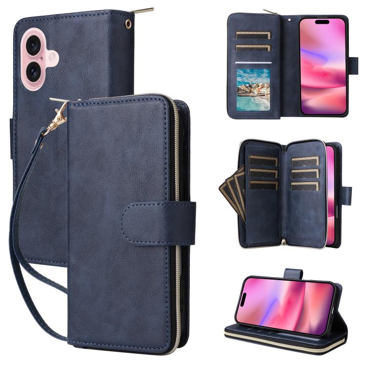 9 Card Slots Zipper Wallet Bag Leather Phone Case, For iPhone 16e, For iPhone 16 Pro Max, For iPhone 16 Pro, For iPhone 16 Plus