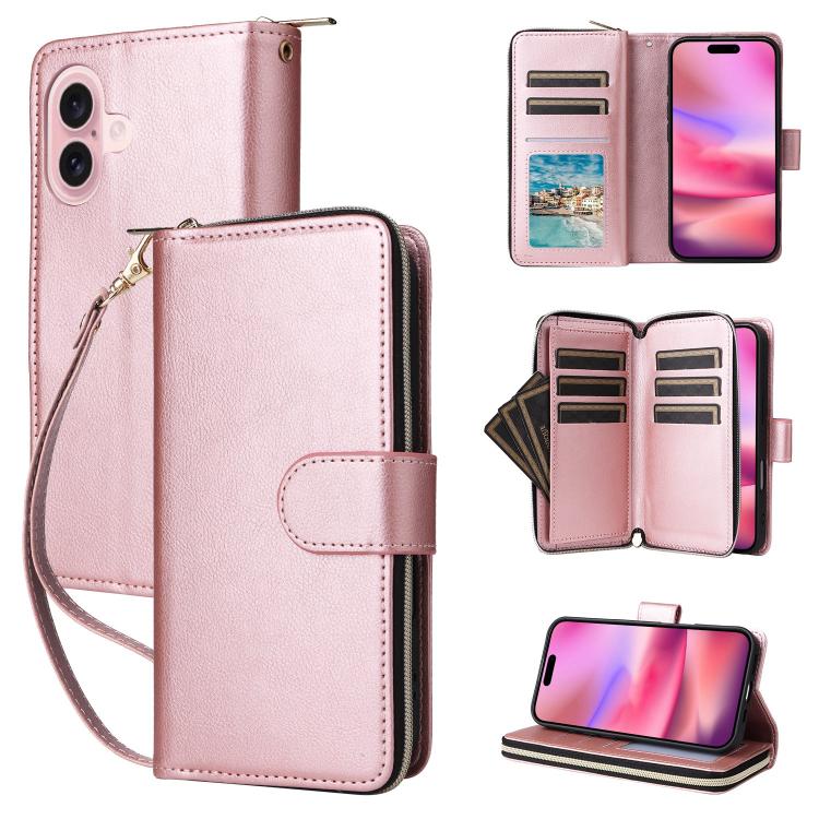 9 Card Slots Zipper Wallet Bag Leather Phone Case, For iPhone 16e, For iPhone 16 Pro Max, For iPhone 16 Pro, For iPhone 16 Plus