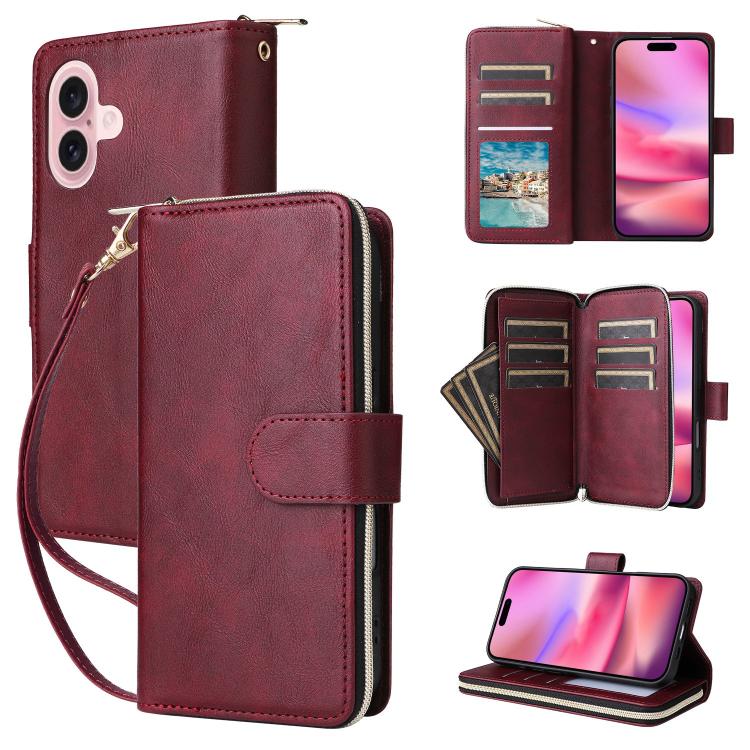 9 Card Slots Zipper Wallet Bag Leather Phone Case, For iPhone 16e, For iPhone 16 Pro Max, For iPhone 16 Pro, For iPhone 16 Plus
