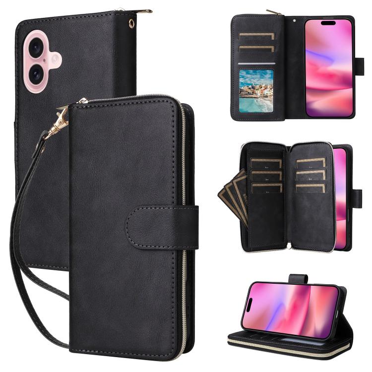 9 Card Slots Zipper Wallet Bag Leather Phone Case, For iPhone 16e, For iPhone 16 Pro Max, For iPhone 16 Pro, For iPhone 16 Plus