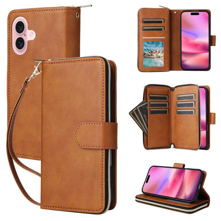 9 Card Slots Zipper Wallet Bag Leather Phone Case, For iPhone 16e, For iPhone 16 Pro Max, For iPhone 16 Pro, For iPhone 16 Plus