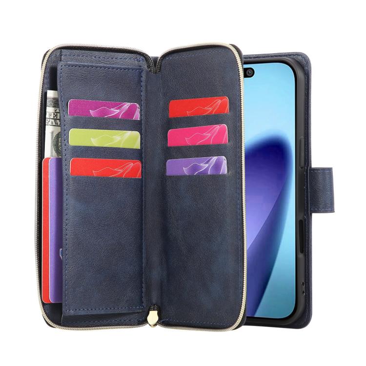 9 Card Slots Zipper Wallet Bag Leather Phone Case, For iPhone 16, For iPhone 15 Pro Max, For iPhone 15 Pro, For iPhone 15 Plus