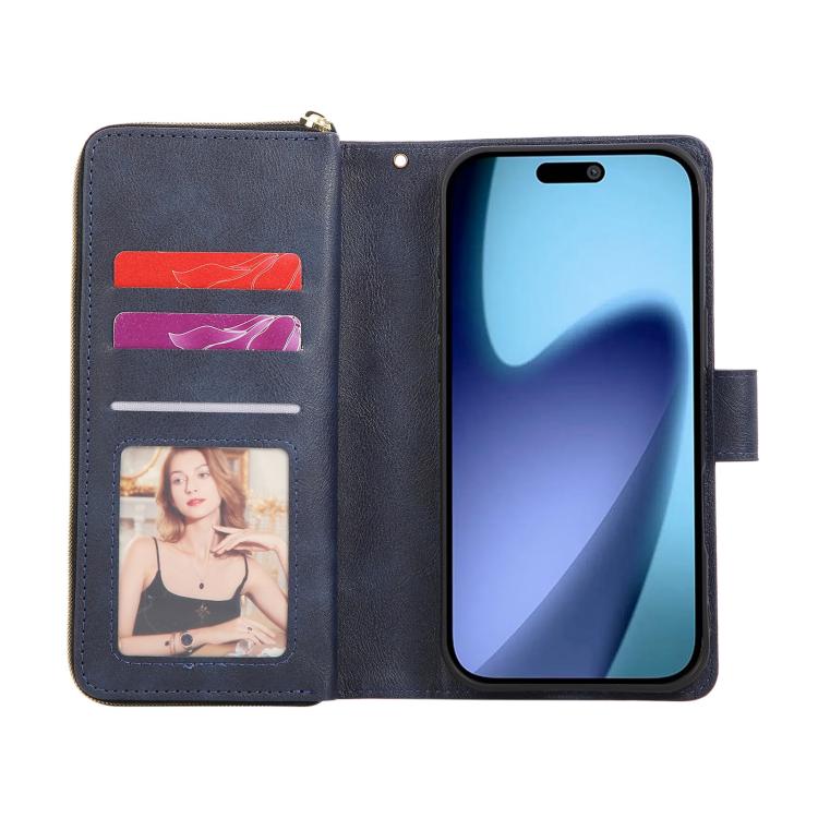 9 Card Slots Zipper Wallet Bag Leather Phone Case, For iPhone 16, For iPhone 15 Pro Max, For iPhone 15 Pro, For iPhone 15 Plus
