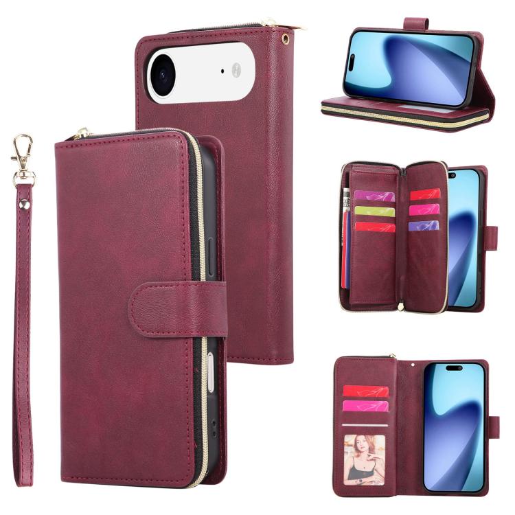 9 Card Slots Zipper Wallet Bag Leather Phone Case, For iPhone 16, For iPhone 15 Pro Max, For iPhone 15 Pro, For iPhone 15 Plus