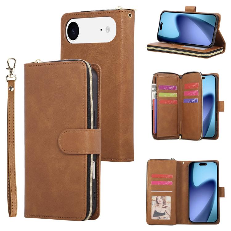 9 Card Slots Zipper Wallet Bag Leather Phone Case, For iPhone 16, For iPhone 15 Pro Max, For iPhone 15 Pro, For iPhone 15 Plus