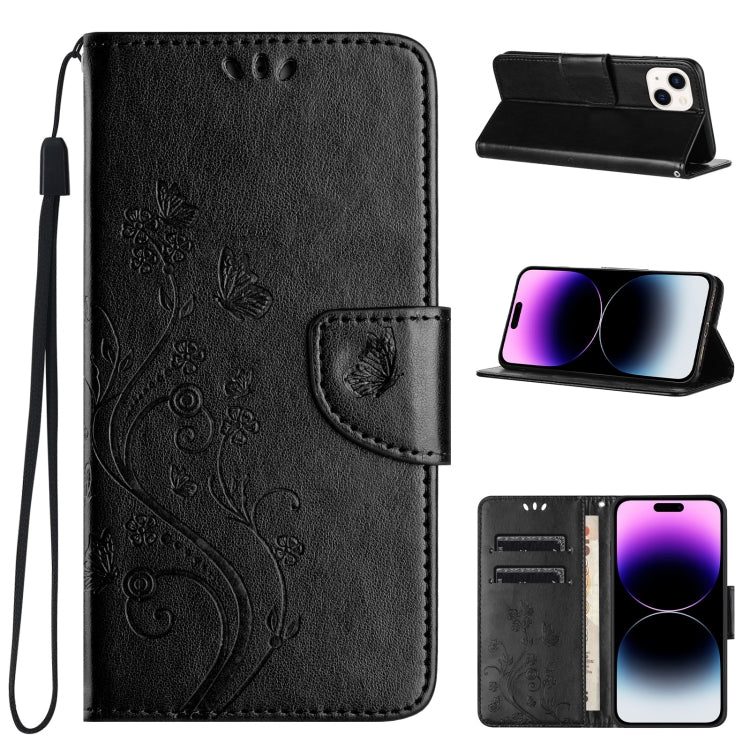 Butterfly Flower Pattern Flip Leather Phone Case, For iPhone 15 Pro Max, For iPhone 15 Pro, For iPhone 15 Plus