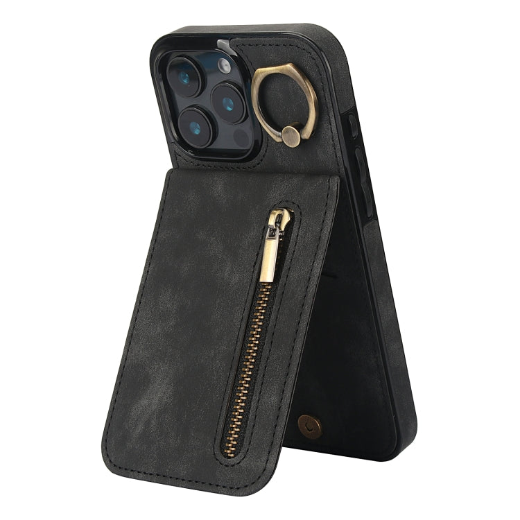 Retro Ring and Zipper RFID Card Slot Phone Case, For iPhone 16 Plus, For iPhone 16, For iPhone 15 Pro Max