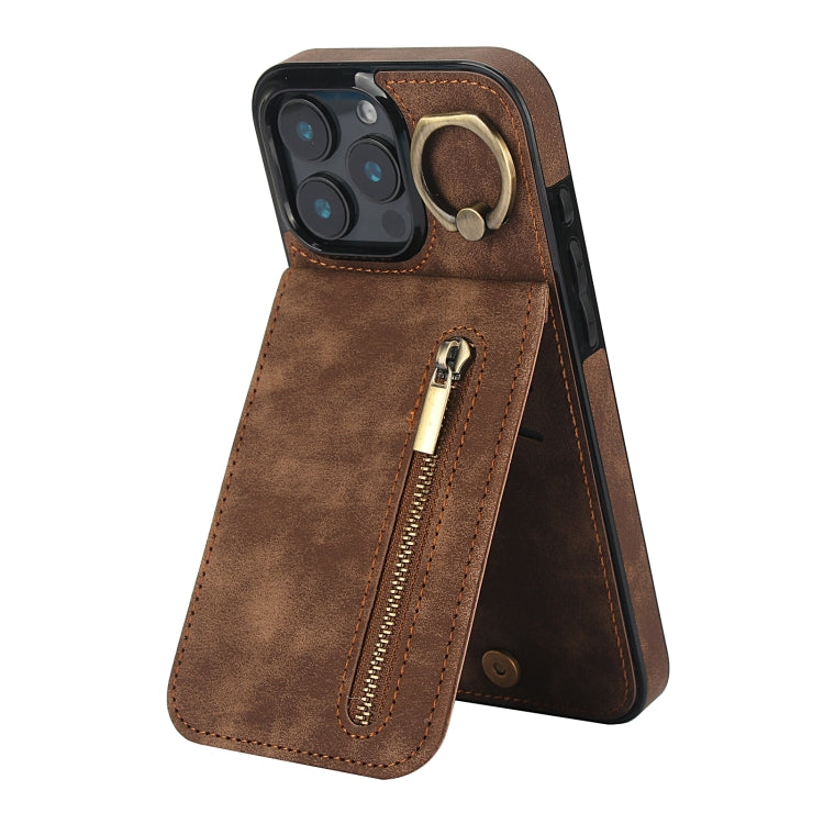 Retro Ring and Zipper RFID Card Slot Phone Case, For iPhone 16 Plus, For iPhone 16, For iPhone 15 Pro Max