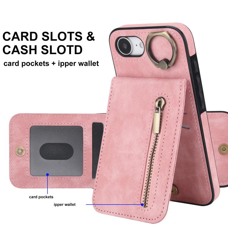 Retro Ring and Zipper RFID Card Slot Phone Case, For iPhone 16e, For iPhone 16 Pro Max, For iPhone 16 Pro