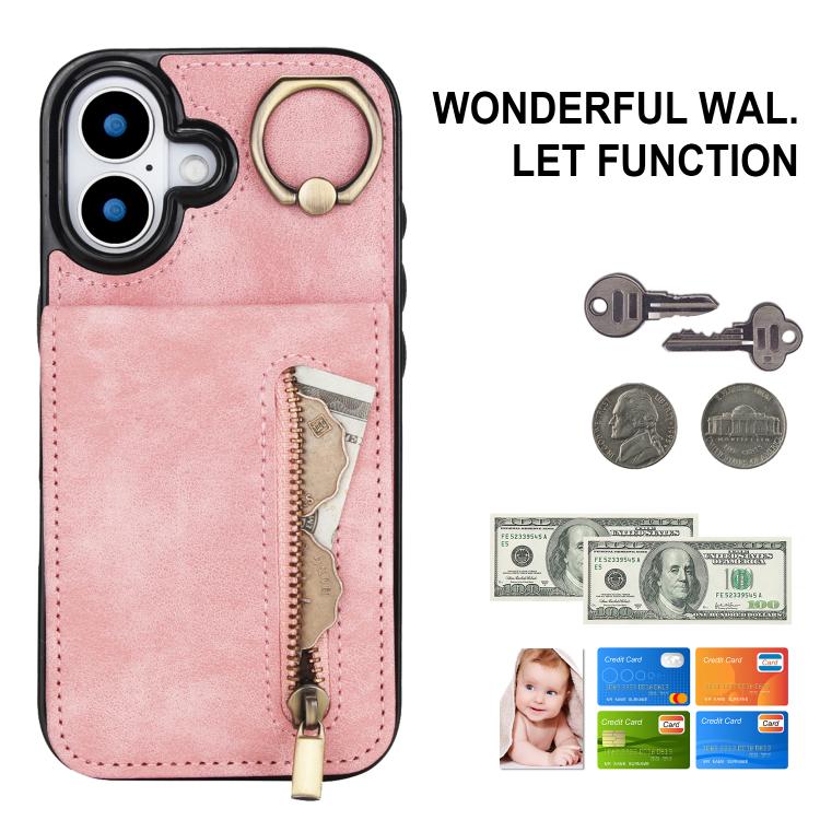 Retro Ring and Zipper RFID Card Slot Phone Case, For iPhone 16 Plus, For iPhone 16, For iPhone 15 Pro Max