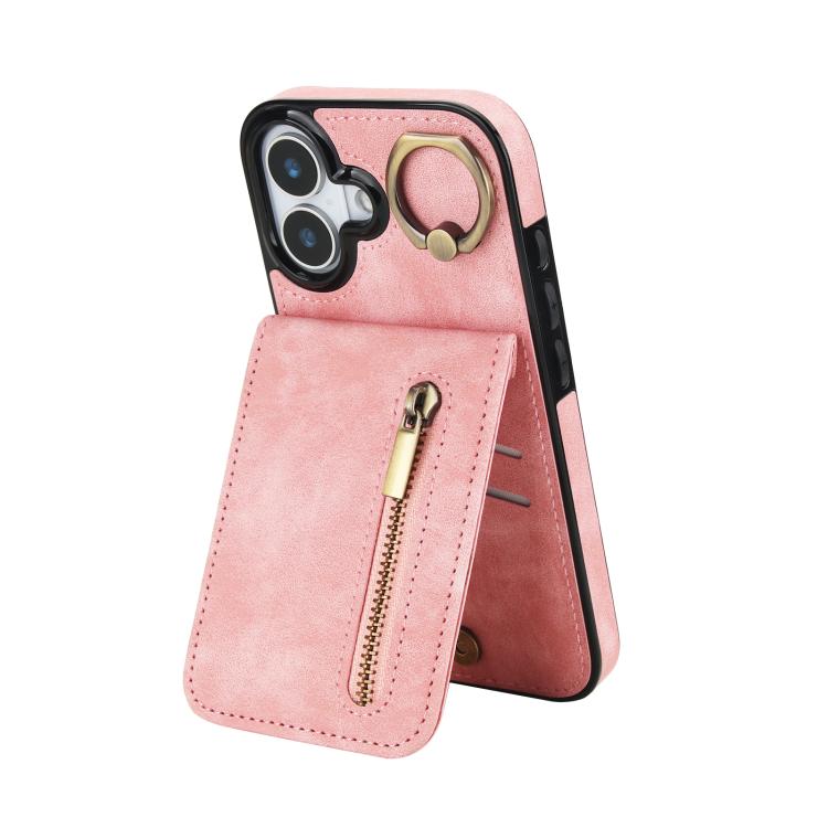 Retro Ring and Zipper RFID Card Slot Phone Case, For iPhone 16 Plus, For iPhone 16, For iPhone 15 Pro Max