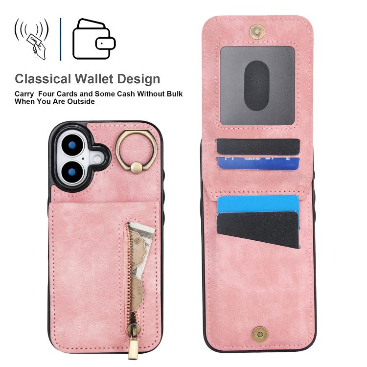 Retro Ring and Zipper RFID Card Slot Phone Case, For iPhone 16 Plus, For iPhone 16, For iPhone 15 Pro Max