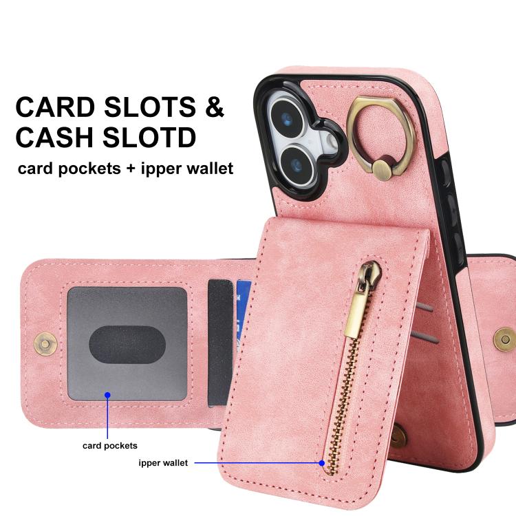 Retro Ring and Zipper RFID Card Slot Phone Case, For iPhone 16 Plus, For iPhone 16, For iPhone 15 Pro Max