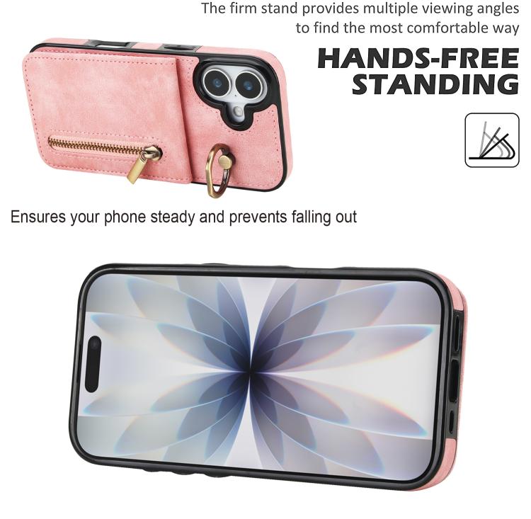 Retro Ring and Zipper RFID Card Slot Phone Case, For iPhone 16 Plus, For iPhone 16, For iPhone 15 Pro Max