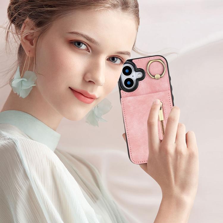 Retro Ring and Zipper RFID Card Slot Phone Case, For iPhone 16 Plus, For iPhone 16, For iPhone 15 Pro Max