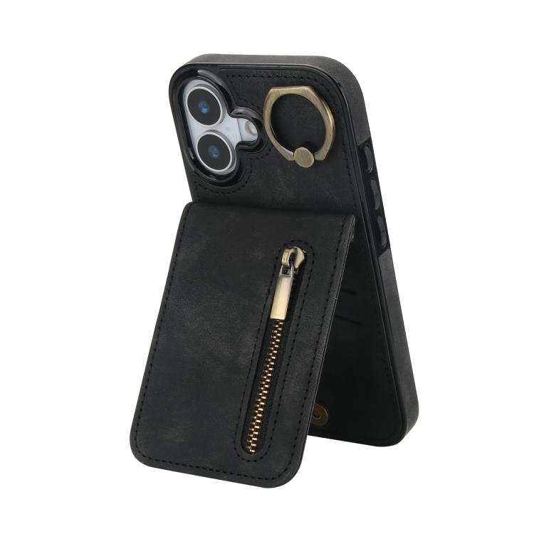 Retro Ring and Zipper RFID Card Slot Phone Case, For iPhone 16 Plus, For iPhone 16, For iPhone 15 Pro Max