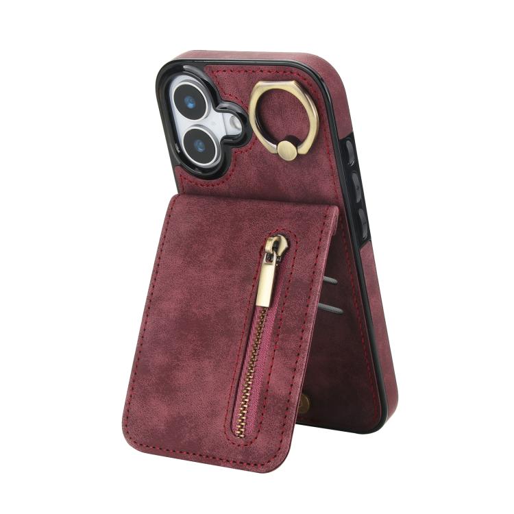 Retro Ring and Zipper RFID Card Slot Phone Case, For iPhone 16 Plus, For iPhone 16, For iPhone 15 Pro Max