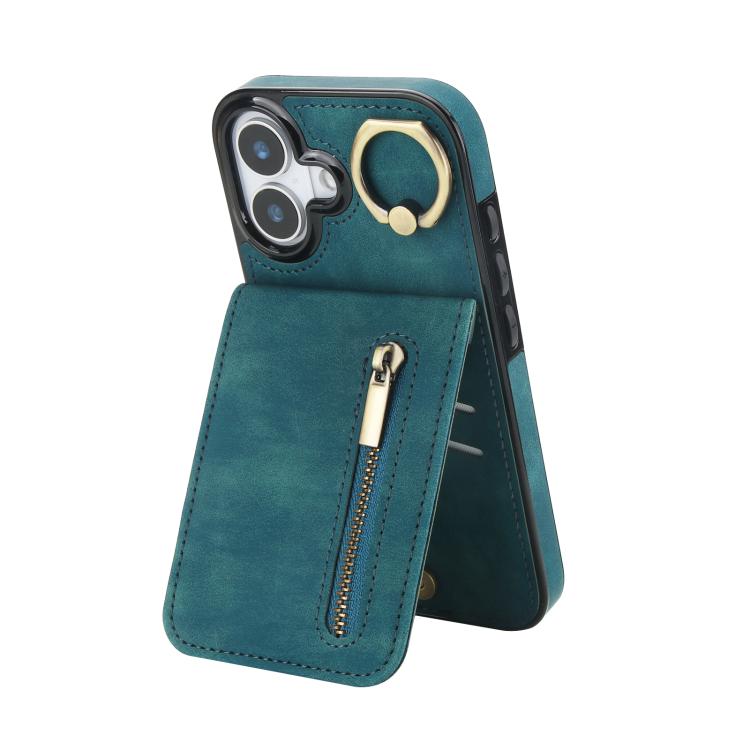 Retro Ring and Zipper RFID Card Slot Phone Case, For iPhone 16 Plus, For iPhone 16, For iPhone 15 Pro Max