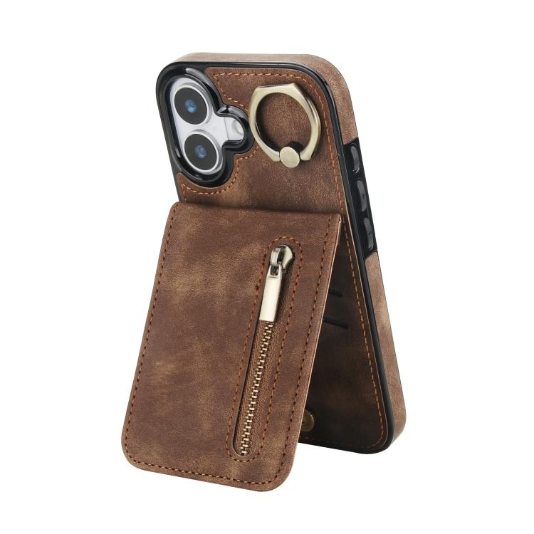 Retro Ring and Zipper RFID Card Slot Phone Case, For iPhone 16 Plus, For iPhone 16, For iPhone 15 Pro Max