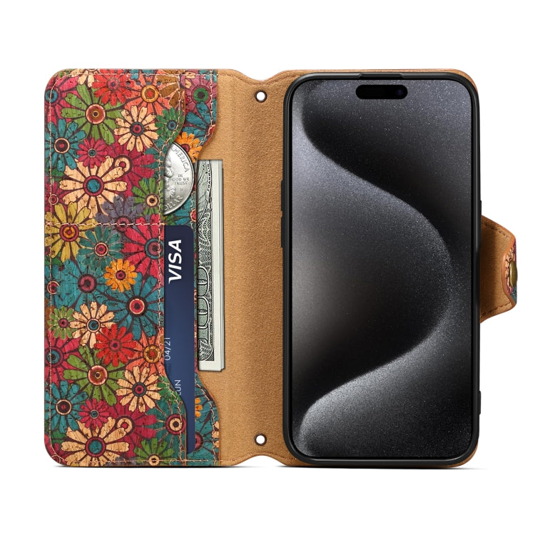Denior Flower Language Series Cork Fabric Oil Edge Leather Phone Case, For iPhone 16 Pro Max, For iPhone 16 Pro, For iPhone 16 Plus, For iPhone 16, For iPhone 15 Pro Max, For iPhone 15 Pro