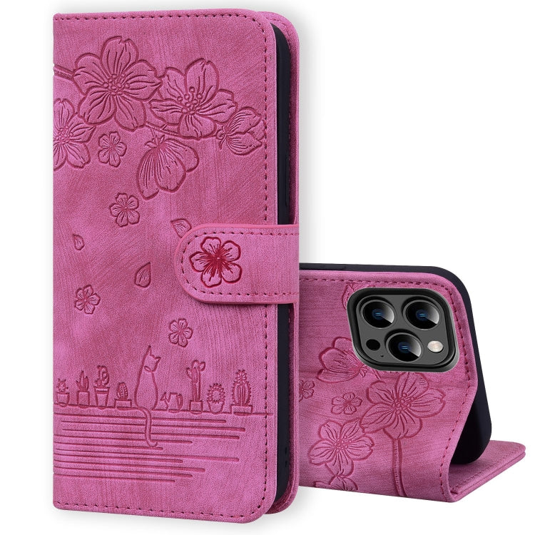 Cartoon Sakura Cat Embossed Leather Phone Case, For iPhone 16, For iPhone 15 Pro Max, For iPhone 15 Pro, For iPhone 15 Plus