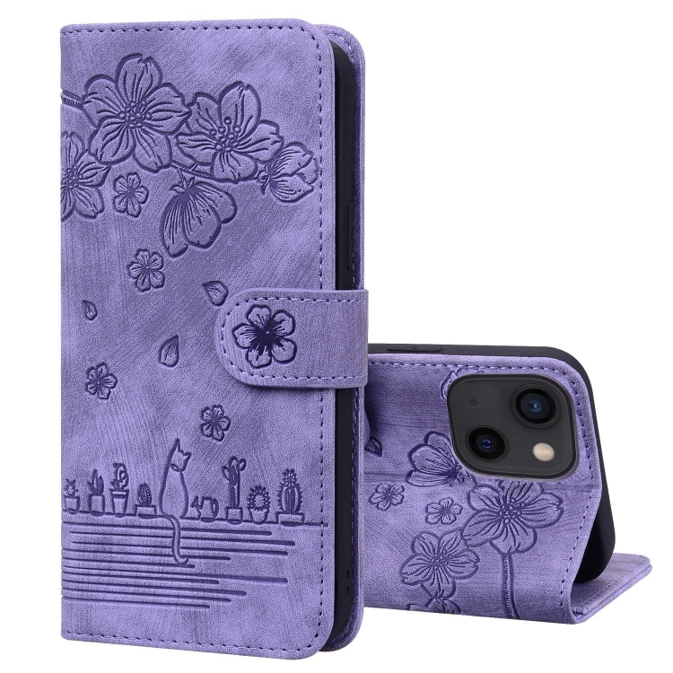 Cartoon Sakura Cat Embossed Leather Phone Case, For iPhone 16, For iPhone 15 Pro Max, For iPhone 15 Pro, For iPhone 15 Plus