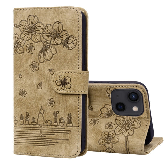 Cartoon Sakura Cat Embossed Leather Phone Case, For iPhone 15, For iPhone 14 Plus, For iPhone 14, For iPhone 14 Pro