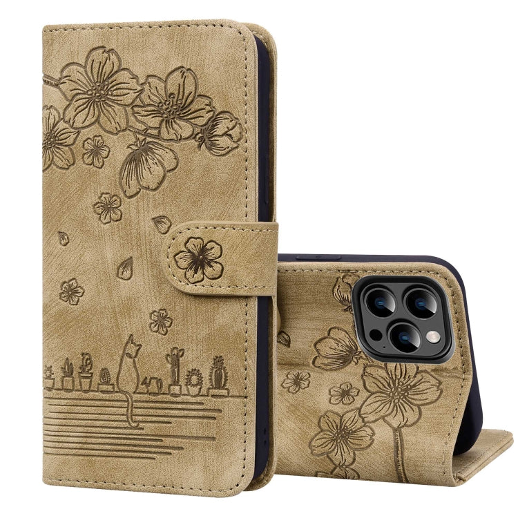 Cartoon Sakura Cat Embossed Leather Phone Case, For iPhone 15, For iPhone 14 Plus, For iPhone 14, For iPhone 14 Pro