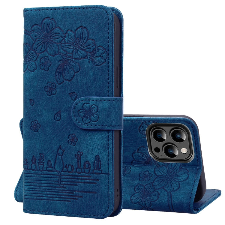 Cartoon Sakura Cat Embossed Leather Phone Case, For iPhone 15, For iPhone 14 Plus, For iPhone 14, For iPhone 14 Pro