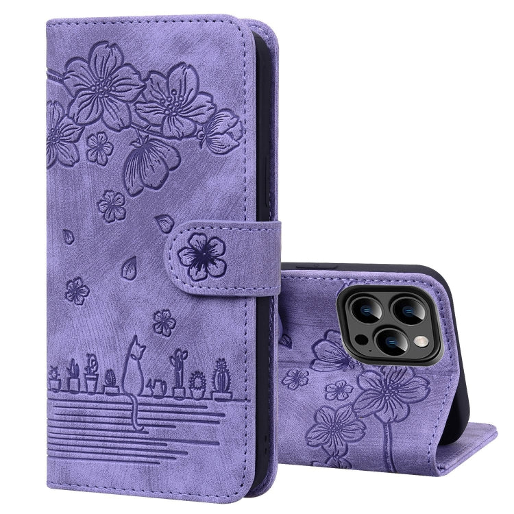 Cartoon Sakura Cat Embossed Leather Phone Case, For iPhone 15, For iPhone 14 Plus, For iPhone 14, For iPhone 14 Pro