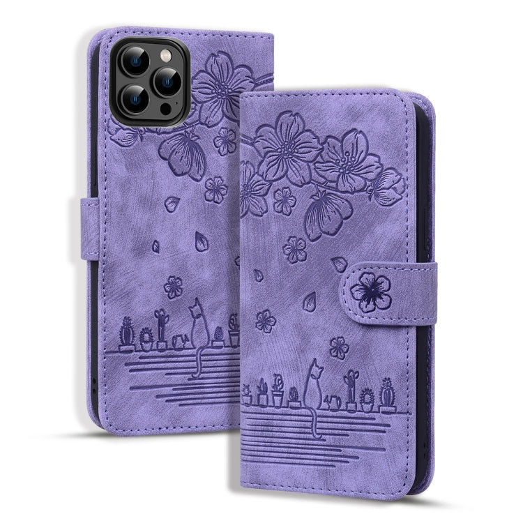 Cartoon Sakura Cat Embossed Leather Phone Case, For iPhone Air, For iPhone 16 Pro Max, For iPhone 16 Pro, For iPhone 16 Plus