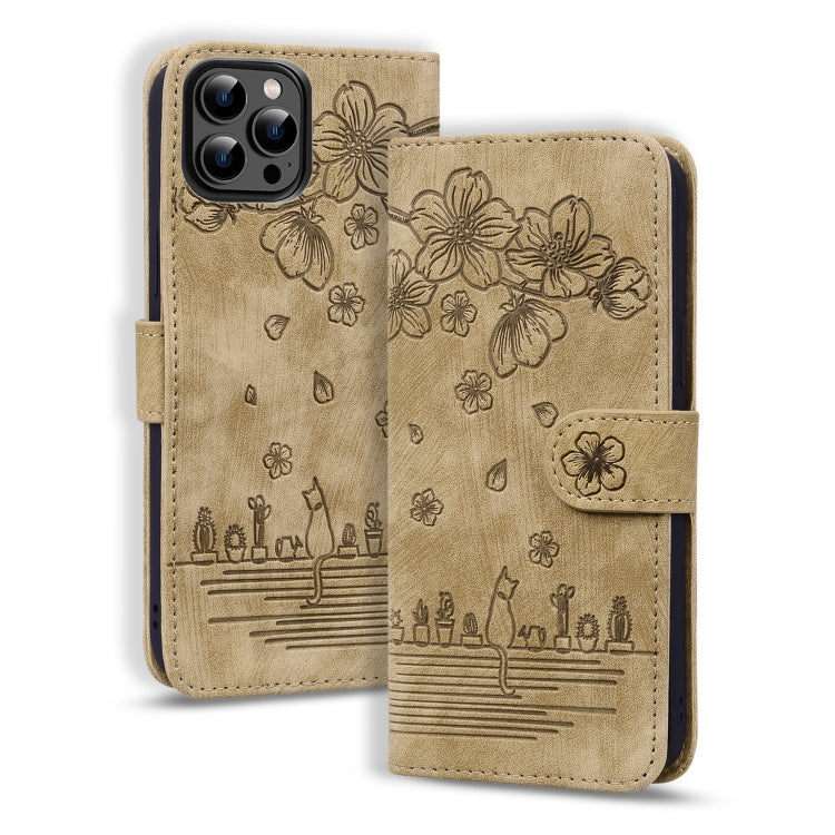 Cartoon Sakura Cat Embossed Leather Phone Case, For iPhone Air, For iPhone 16 Pro Max, For iPhone 16 Pro, For iPhone 16 Plus