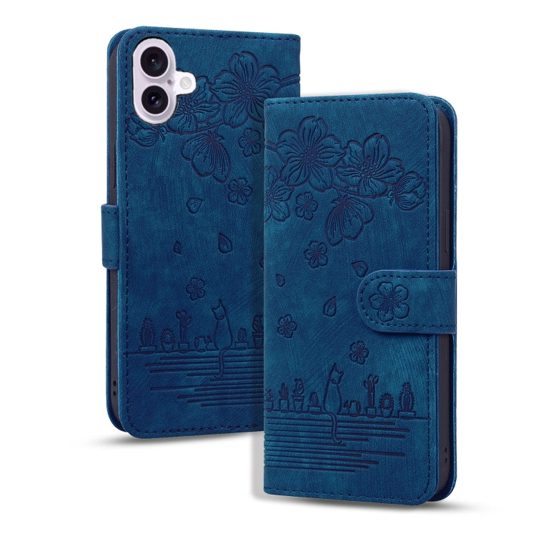 Cartoon Sakura Cat Embossed Leather Phone Case, For iPhone Air, For iPhone 16 Pro Max, For iPhone 16 Pro, For iPhone 16 Plus