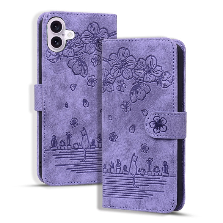 Cartoon Sakura Cat Embossed Leather Phone Case, For iPhone Air, For iPhone 16 Pro Max, For iPhone 16 Pro, For iPhone 16 Plus