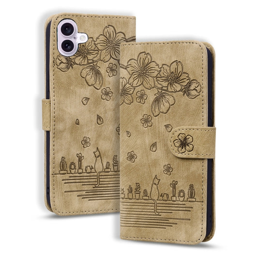 Cartoon Sakura Cat Embossed Leather Phone Case, For iPhone 16, For iPhone 15 Pro Max, For iPhone 15 Pro, For iPhone 15 Plus