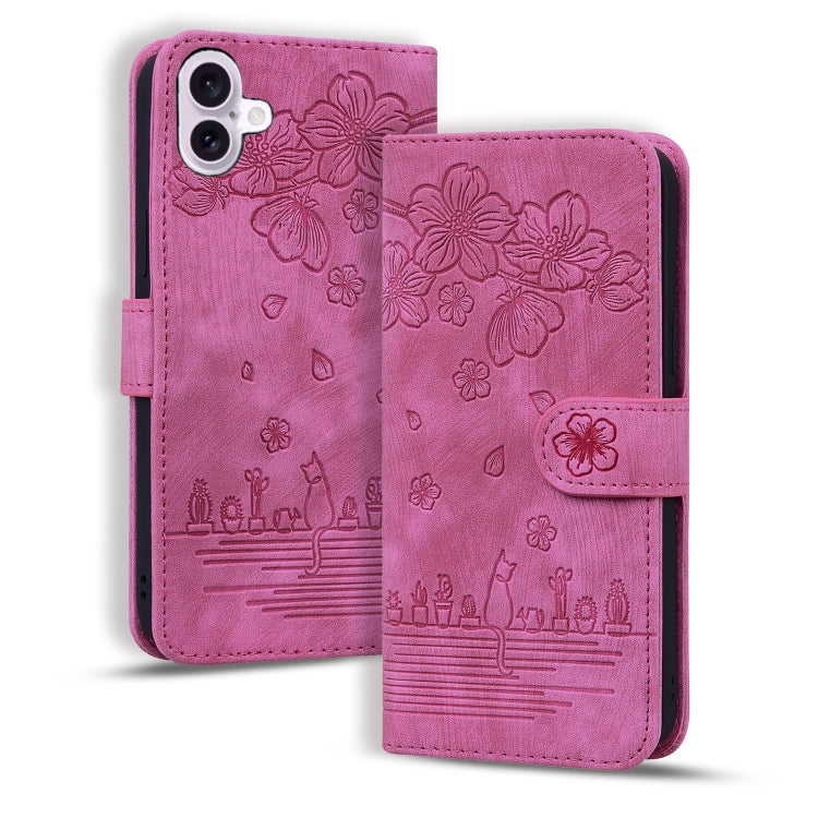 Cartoon Sakura Cat Embossed Leather Phone Case, For iPhone 16, For iPhone 15 Pro Max, For iPhone 15 Pro, For iPhone 15 Plus