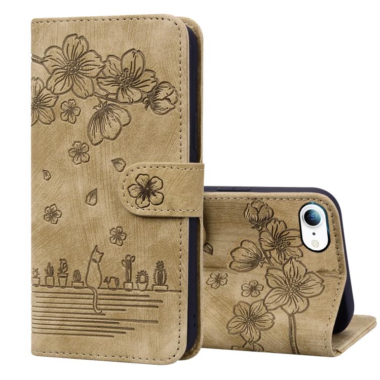 Cartoon Sakura Cat Embossed Leather Phone Case, For iPhone 17e / 16e, For iPhone 17 Pro Max, For iPhone 17 Pro, For iPhone 17