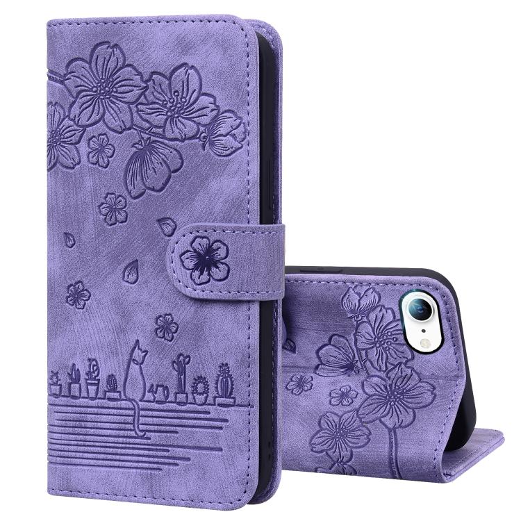 Cartoon Sakura Cat Embossed Leather Phone Case, For iPhone 17e / 16e, For iPhone 17 Pro Max, For iPhone 17 Pro, For iPhone 17