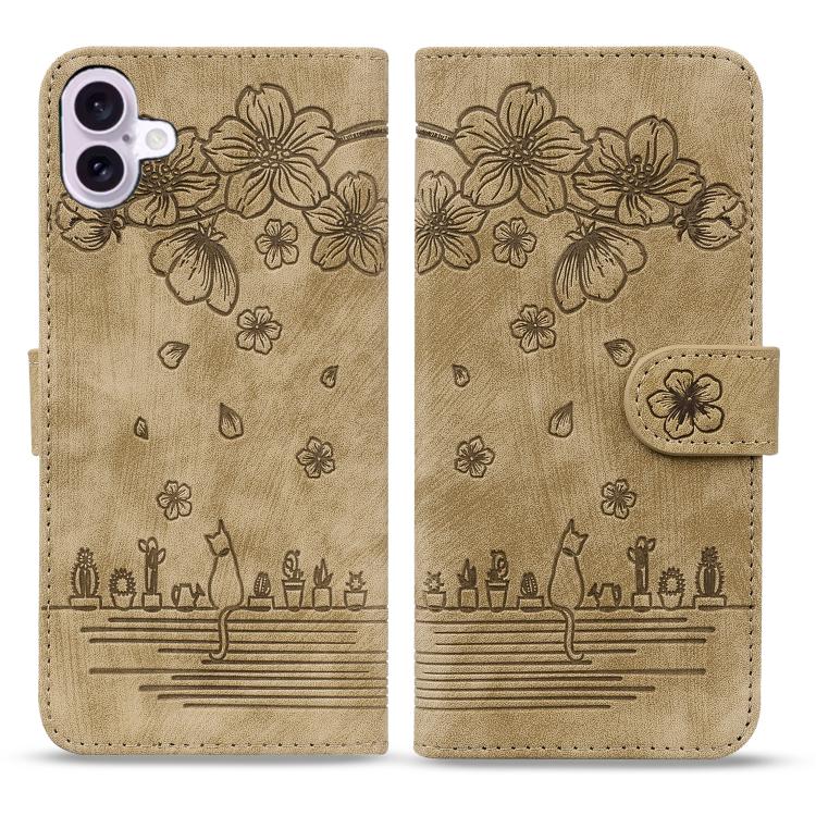 Cartoon Sakura Cat Embossed Leather Phone Case, For iPhone 17e / 16e, For iPhone 17 Pro Max, For iPhone 17 Pro, For iPhone 17