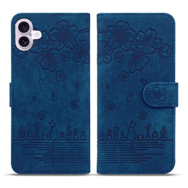 Cartoon Sakura Cat Embossed Leather Phone Case, For iPhone 17e / 16e, For iPhone 17 Pro Max, For iPhone 17 Pro, For iPhone 17