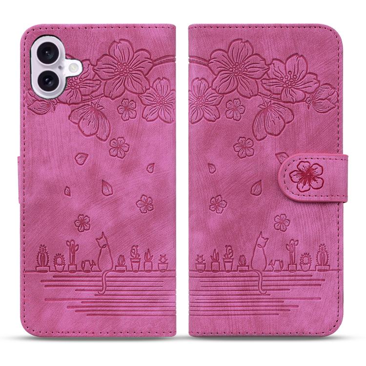 Cartoon Sakura Cat Embossed Leather Phone Case, For iPhone 17e / 16e, For iPhone 17 Pro Max, For iPhone 17 Pro, For iPhone 17